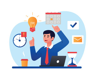 Time management concept. Man near calendar draws up schedule. Successful and hardworking employee or entrepreneur. Efficient workflow, planning and scheduling. Cartoon flat vector illustration