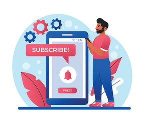 Subscriber with smartphone. Man adds channel or account he likes to his favorites. Social networks and video hosting follower, modern technology and digital world. Cartoon flat vector illustration