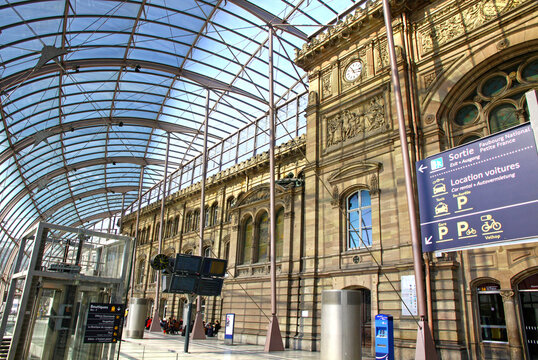 Gare de Strasbourg, the main railway station of Strasbourg city, Alsace region, France. View of original building under the modern glass canopy