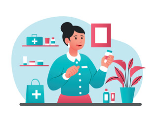 Woman with remedy. Young girl with medicines, drugs, health care and prevention. Pharmaceutics, biology and anatomy. Character chooses pills and cosmetic products. Cartoon flat vector illustration