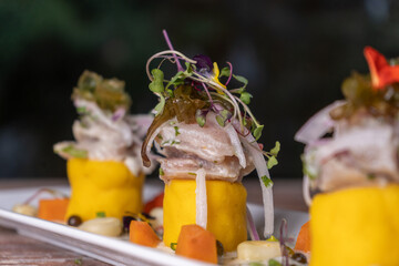 Causa de papa with Seafood, typical dish of Peru.