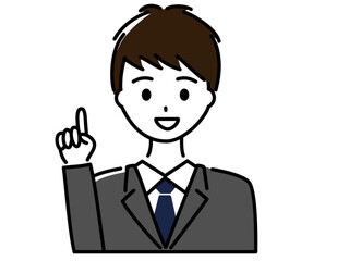 指差しで説明するスーツ姿の男性（上半身）