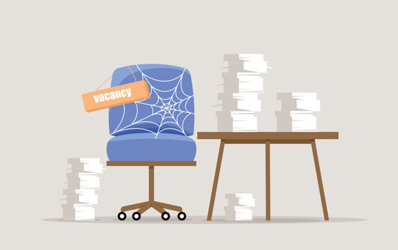 Labor shortage concept. Armchair with cobwebs and table with stacks of papers. Company or organization cannot find employees, workers. Vacant place, employment demand. Cartoon flat vector illustration