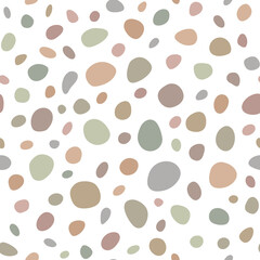 Fototapeta na wymiar Small round dots. Khaki repeating seamless pattern of stones and pebbles. Vector background. Colorful natural confetti stains for projects, cards, wallpaper or wrapping paper.