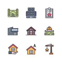Model House Line Color Icons Vector Illustration , Building , Home , Residential House