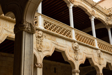 Typical Salamanca architecture of Public Library patio with two-level arched gallery of mixtilinear...