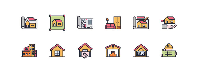Model House Line Color Icons Vector Illustration , Building , Home , Residential House