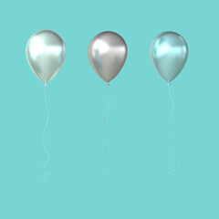 Set of silver, blue balloons isolated on green background