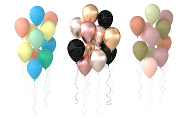 3d render illustration of realistic glossy pink, golden, silver, pastel colored balloons isolated on white background.  Bunch of balloons for party design