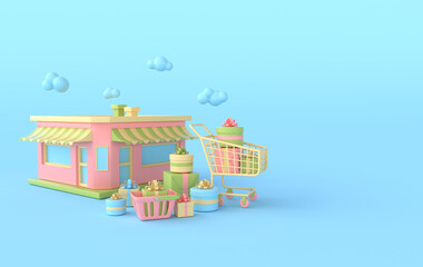 The shop building, present box, shopping basket and cart, clouds. 3d rendering illustration