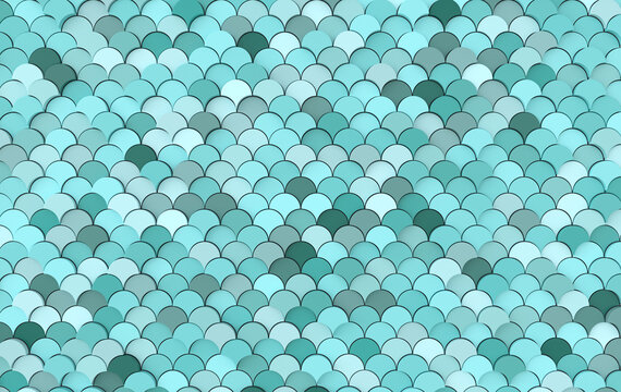 Mermaid fish, dragon scales, reptile skin, wave 3d rendering. Ceramic tile. 3d wall texture, roof tiles. Pastel colored adstract background for interior wallpaper design