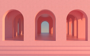 3d rendering. Arch hallway pink geometric background, architectural corridor, arch columns, empty wall. ancient housing Banner for travel presentations