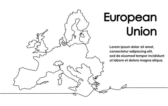 Continuous line drawing of european union countries map. white background map for Education, Travel across the EU member states, infographics, Science, Web Presentation isolated on white background