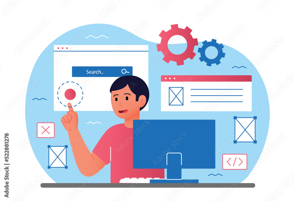 Poster web development concept. guy at computer preparing design elements, interface and templates for webs