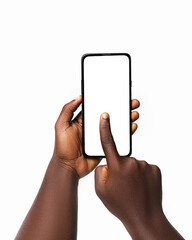 Black hand holding phone facing camera isolated on white background. blank screen, phone screen...