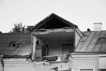 Defocus huge ruins, wreck in Ukraine, war. House after russian attack. Ruined home background. Kyiv...