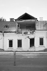 Defocus huge ruins, wreck in Ukraine, war. House after russian attack. Ruined home background. Kyiv...