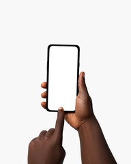 Black hand holding phone facing camera isolated on white background. blank screen, phone screen...