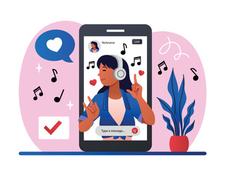 Streaming online concept. Girl listens and evaluates music, online video call and communication with friends on Internet. Social networks and conference, vlogger. Cartoon flat vector illustration