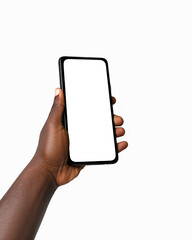 Black hand holding phone facing camera isolated on white background. blank screen, phone screen...