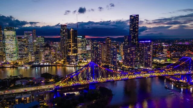 Aerial hyperlapse, dronelapse video of Brisbane city in Australia at night