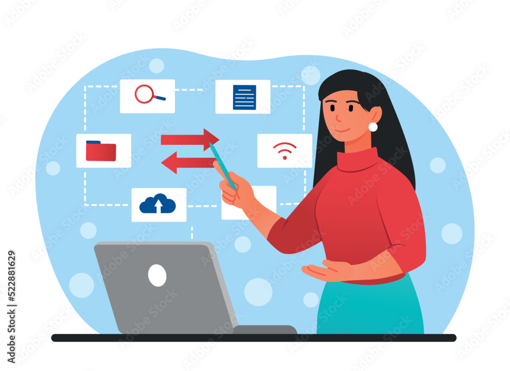 Poster software integration concept. young girl sends files. modern technologies and digital world. electro