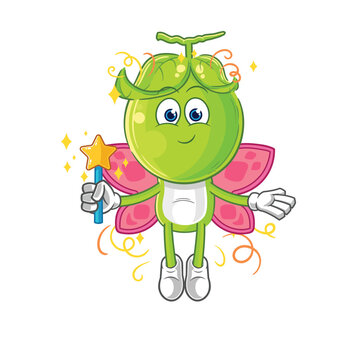 pea head fairy with wings and stick. cartoon mascot vector