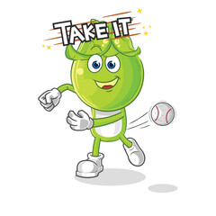 pea head throwing baseball vector. cartoon character