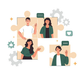 Team members concept. Men and girls communicate in social media, video call and conference. Colleagues and partnerships, coworking and brainstorming, creative persons. Cartoon flat vector illustration