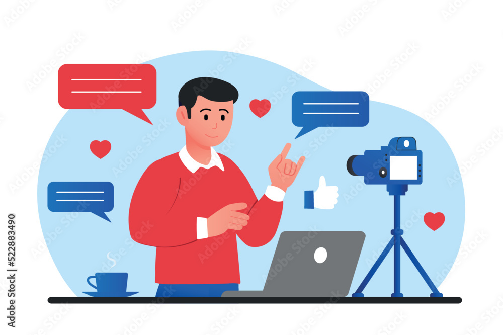 Poster concept of vlogging. guy recording video. social networks and interesting content on internet. opini