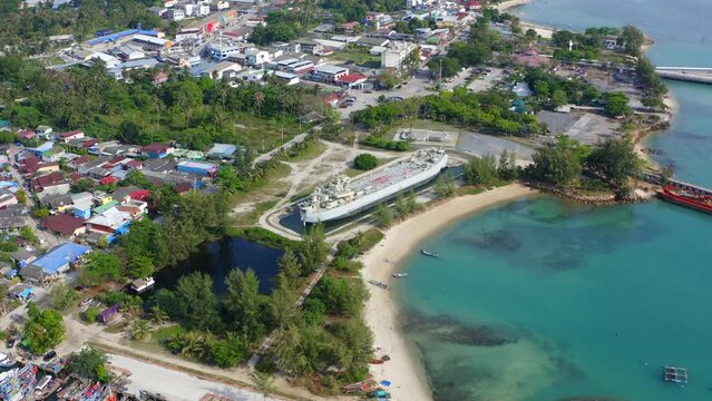 Aerial view of Thong Sala pier, boat and koh Tae Nai in koh Phangan, Thailand