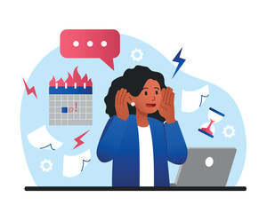 Woman try to meet deadline. Young girl panicked in office poor time management. frustration and lazy person. Panic, stress and pressure, overloaded employee. Cartoon flat vector illustration
