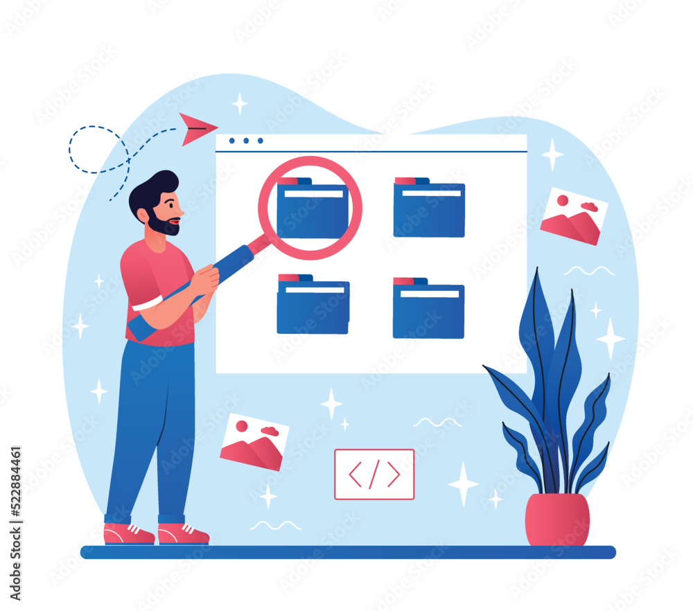 Poster man with files. work with information and electronic archive. analytical department of company colle