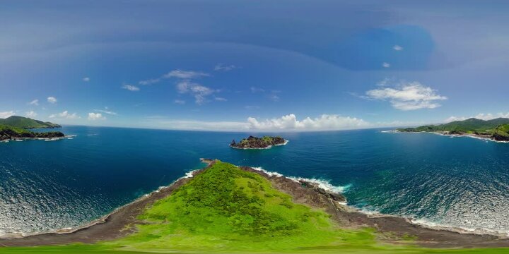 Rocky tropical island and blue ocean. Palaui island, Cape Engano, Dos Hermanas island. Philippines. VR 360.