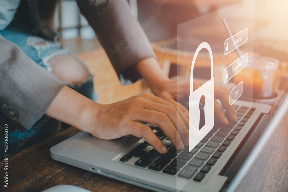Poster woman hand typing on keyboard with login and password on screen display, cyber security concept, dat