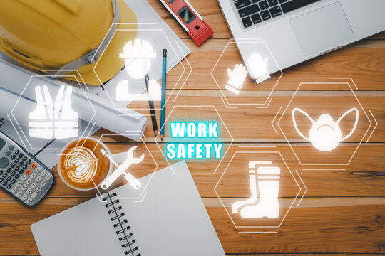 Work Safety Concept, Top View Engineer Office With VR Screen Work Safety Icon, First Secure Rules. Health Protection, Personal Security People On Job.