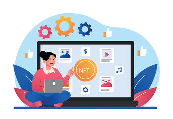 Non fungible token. Cryptocurrency, nft and blockchain technology. Security of transactions on Internet, investment tools. Passive income and cashless transfers. Cartoon flat vector illustration