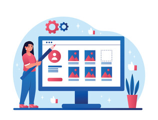 Designer looking at portfolio. Woman saves images and work on computer. Freelancer forms resume for sending applications for orders, character evaluates projects. Cartoon flat vector illustration