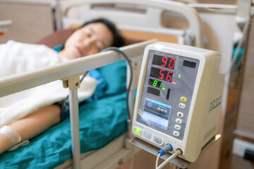 Patient Asia woman on the bed with saline solution and monitor blood pressure at hospital ward room. Treatment emergency recovery after surgery. Hypertension and hypotension. Healthcare and medical