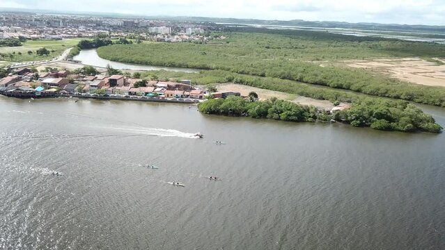 Wide open field view of lagoon in northeast Brazil in Sergipe city Nossa Senhora do Socorro Hawaiian canoeing competition