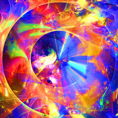 Creación de arte geométrico digital compuesto de círculos gruesos coloridos concéntricos y rayas cruzadas en un conjunto que muestra un sistema gravitatorio de planetas interconectados.