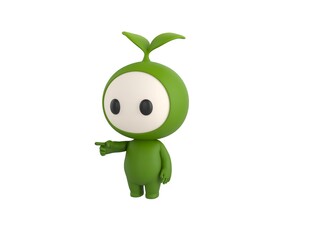 Leaf Mascot character pointing finger to the left in 3d rendering.