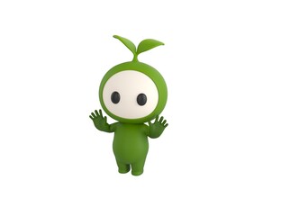 Leaf Mascot character raising hands and showing palms in surrender gesture in 3d rendering.