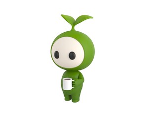 Leaf Mascot character holding white coffee mug in 3d rendering.