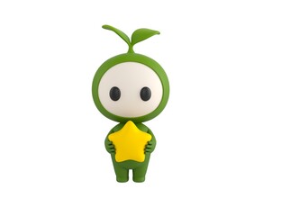 Obraz premium Leaf Mascot character holding star in 3d rendering.