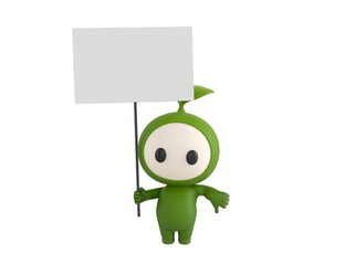 Leaf Mascot character holding a blank billboard and give thumb down in 3d rendering.