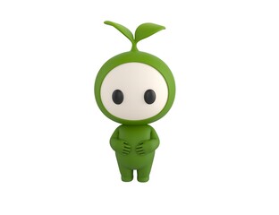 Leaf Mascot character keeps both hands on belly in 3d rendering.
