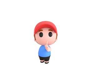 Little Boy wearing Red Cap character holding hand near mouth silence gesture in 3d rendering.