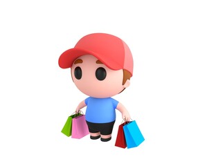 Little Boy wearing Red Cap character carrying colorful shopping bags in 3d rendering.