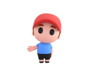 Little Boy wearing Red Cap character Giving a helping hand in 3d rendering.